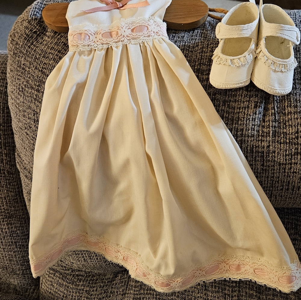 Adorable Vintage Christening Gown And Matching Shoes. Made For Dolls Only.